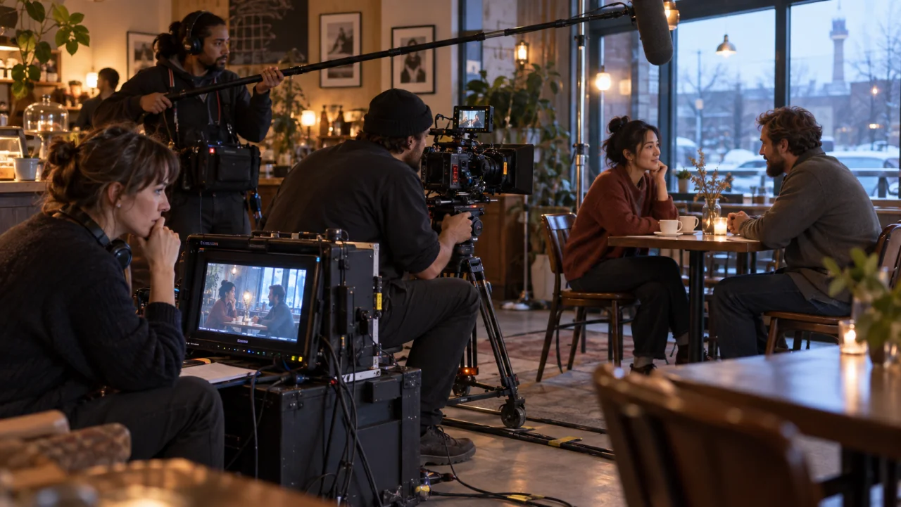 Illustrative small film crew working on a café scene